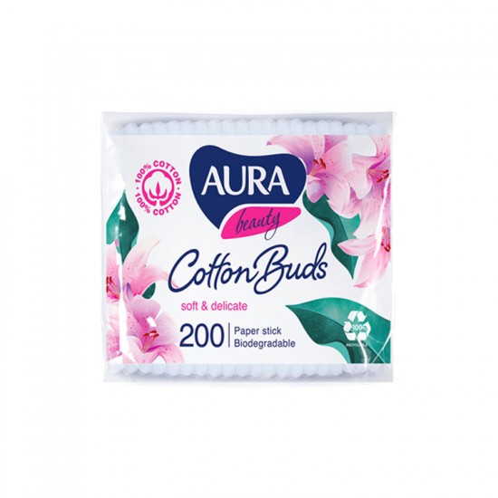 Aura Beauty cotton buds with paper stick 200pcs. Aura Beauty cotton buds with paper stick 200pcs.